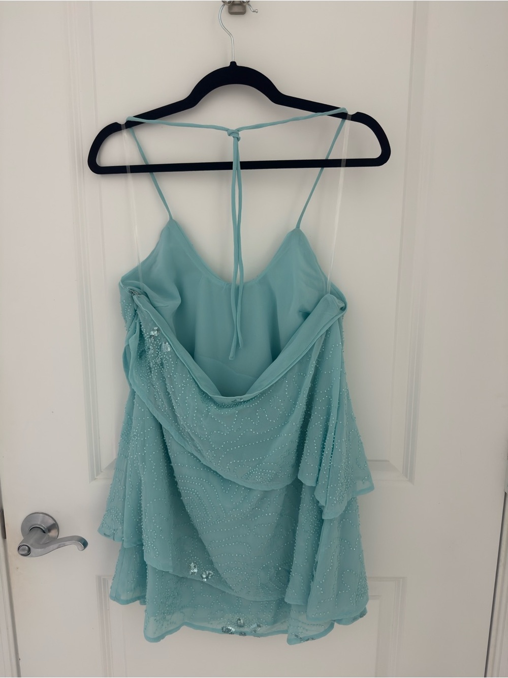Beaded Halterneck Mini Dress in Turquoise - Picture 2 of 4